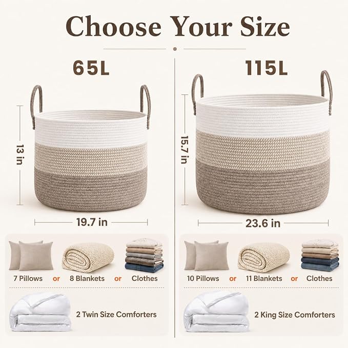 JMvicyroam 115L Extra Large Machine Washable Cotton Rope Blanket Basket | Collapsible laundry hamper, Reinforced handles, For blankets,pillows,toys and clothes, Living room and bedroom,White&BrownMix