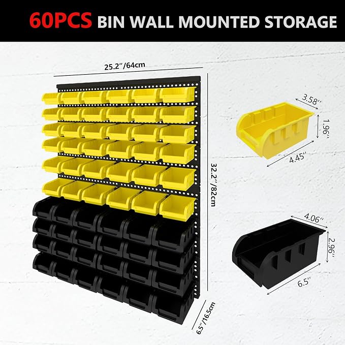 60Pcs Plastic Wall Mounted Storage Bins Parts Rack Nuts And Bolt Bins Organizer For Shop Garage for Screws, Nuts, Bolts, Nails, Beads, and Small Hardware Parts (YELLOW+BLACK, 60)