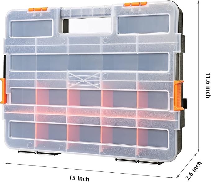 Makitoyo Tool Box Organizers, Interlocking Black Small Parts Organizer for Fasteners, Parts and Crafts w/Removable Dividers, 2 Pieces Pack, Black & Orange,15”L×11.6”W×2.6”H