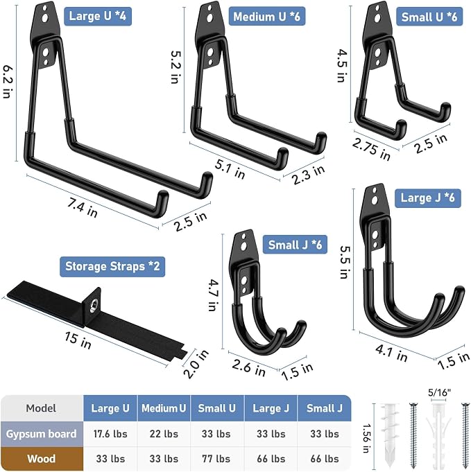 Garage Hooks, Anti-Slip Heavy Duty Wall Mount Hooks, 30-Pack | Hanging Storage for Bikes, Ladders, Hoses, Ropes, Garden Tools - For Warehouse, Workshop, Shed, Shop, Yard