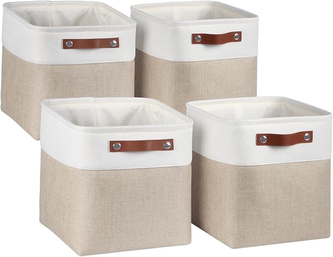 Univivi Fabric Cube Storage Bins,Khaki,10.5x 10.5x 11 inch,4 Pack | Hard Cardboard Bottom,Linen Closet Baskets,Metal Frame,Foldable,with PU Handles for Shelves