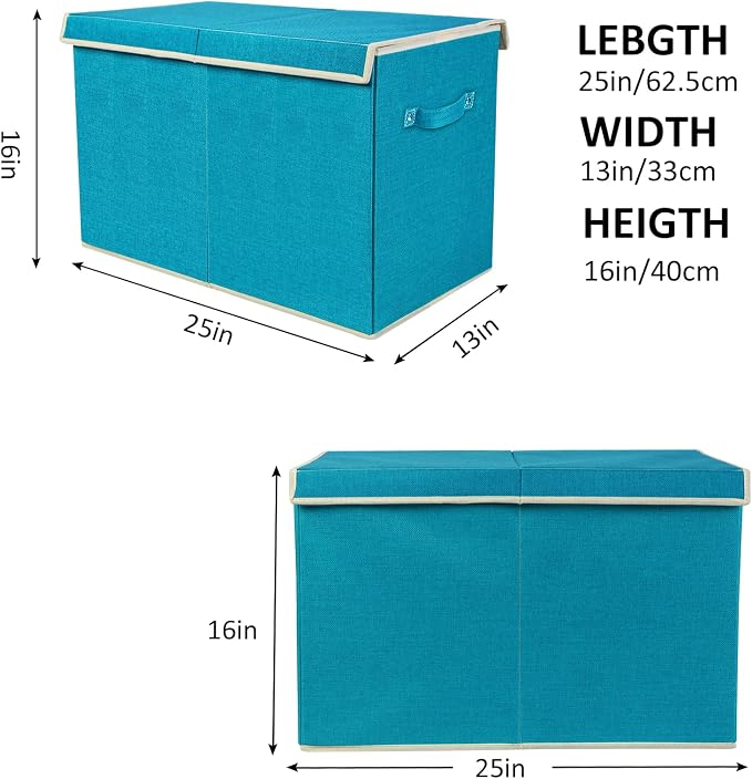 Large Toy Box Chest Storage with Flip-Top Lid, Kids Toy Storage Bin Boxes | Toy Chest with Rivets Handles for Kids, Boys, Girls, Nursery, Playroom, Living Room, Bedroom, 25"x 13" x 16" (Linen Teal)