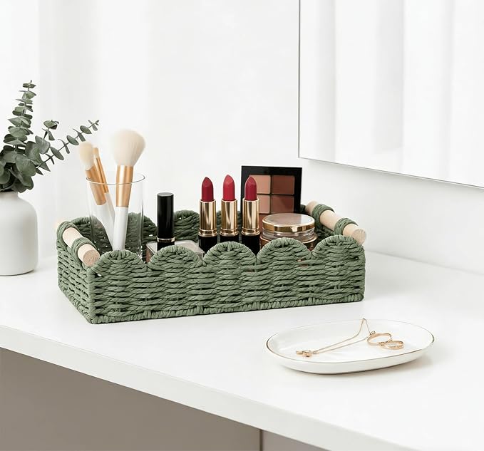 CubesLand Toilet Paper Storage Basket Organizer, Small Wicker Decor Basket | Toilet Tank Top Decorative Basket for Countertop, Handwoven Scalloped Basket W/Handle for Home Decor Living Room, Green