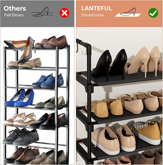 LANTEFUL 5 Tier Shoe Rack for Closet Shoe Organizer with 5 Hooks, Long Shoe Shelf Storage for Shoe and Boot Stackable Free Standing Shoe Rack for Entryway, Garage, Small Spaces, Dorm, Black