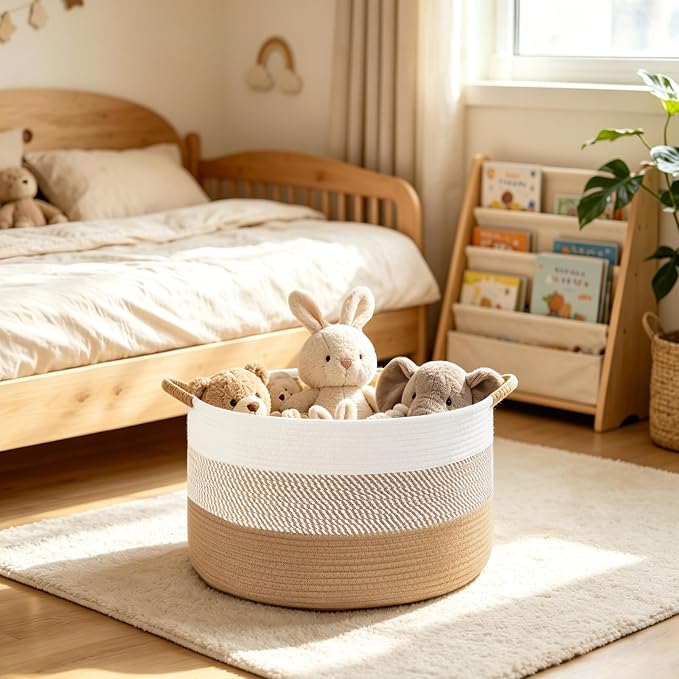 Mkono 47L Cotton Rope Basket, Boho Woven Storage, Blanket Toys Organizer | 17.7”W x 11.8”H, Decorative Bin with Handles, Home Decor, Versatile Storage Basket, Nursery Bedroom Living Room Laundry