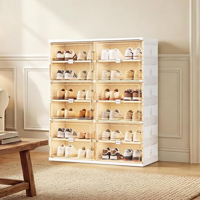 JEKO&JEKO 6 Tiers Foldable Shoe Rack Organizer Cabinet for Closet Entryway, Large Collapsible Shoe Storage Box with Magnetic Doors Fits Up to 24 Pairs (White)