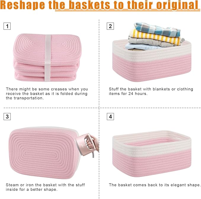OIAHOMY 4 Pack Storage Baskets for Organizing, Small Bins for Shelves, Cute Decorative Storage Bins, Organizer Baskets for Gifts Empty, 13.8''Lx9.8''Wx5.5''H, Pink/White