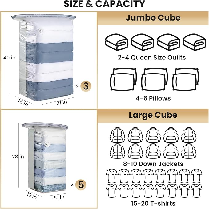 TAILI 8 Pack Cube Vacuum Storage Bags, Combo(3 Jumbo+5 Medium), Cream | Vacuum Seal Bags for Clothing, Blankets, Bedding, Comforters, No Pump Compression Cube, 2 Size Space Saving