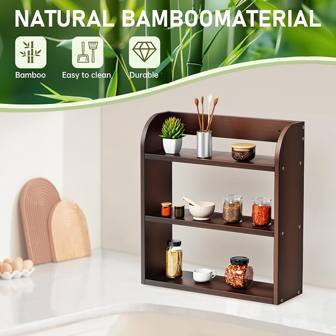 ROMGUAR CRAFT 3 Tier Bamboo Spice Rack, Countertop or Wall Mounting Wood Spice Jars Organizer Shelf for Kitche, Pantry (Brown)