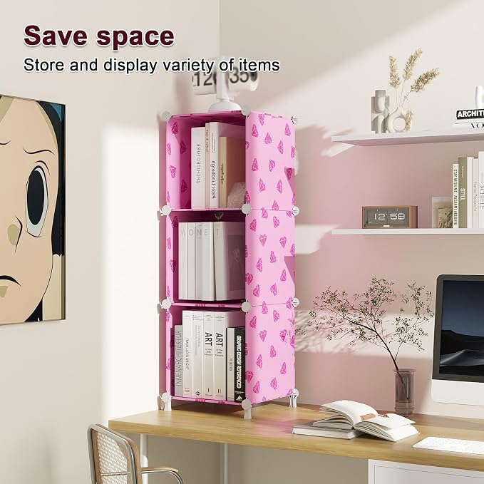 UNKU 3 Cube Storage Organizer, Closet Organizer Storage Shelves,Pink | DIY Stackable Bookcase, Clothes Organizer Shelf for Closet, Bedroom, Living Room, Cabinet, Home, Office