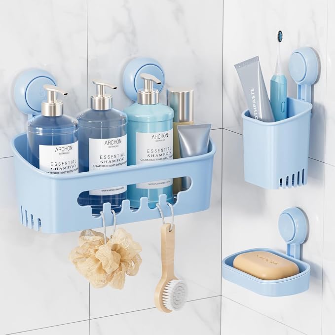 LEVERLOC Shower Caddy Suction Cup Set Shower Organizer & Soap Holder, Blue | Toothbrush Holder, Bathroom Shelf Basket NO-Drilling, Removable Shower Storage, Waterproof Bathroom Holder