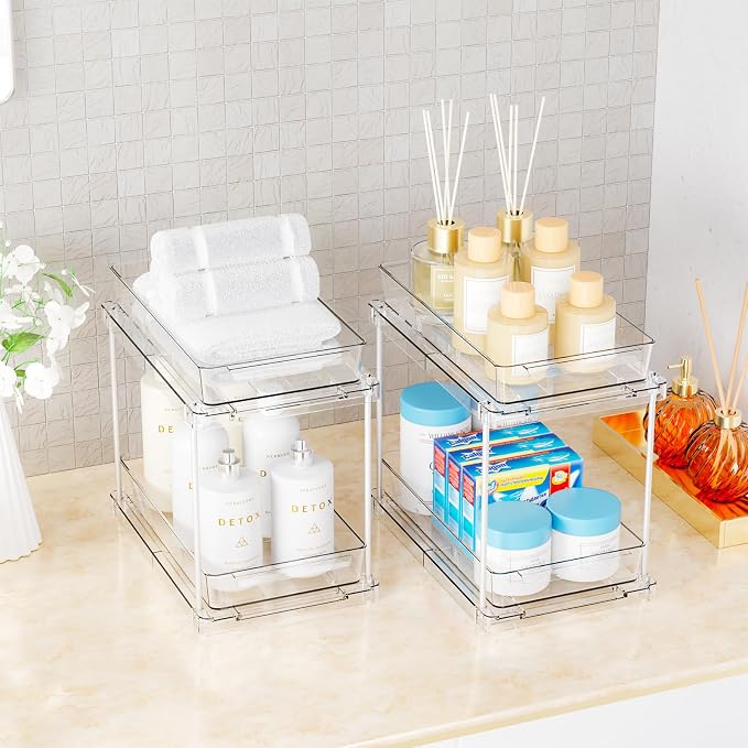 4 Pack Under Sink Organizers and Storage,Clear Acrylic Bathroom Organizer and Cabinet Organization for Makeup,Medicine,Two Tier Pull Out Cabinet Organizer Drawers for Pantry,Vanity Storage Bins