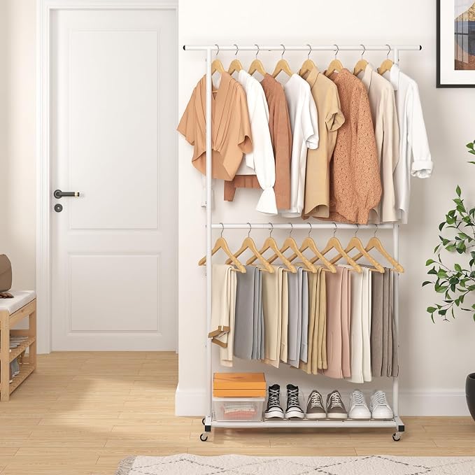 Sywhitta Double Rod Metal Clothing Rack on Wheels with Bottom Mesh,White | Rolling Garment Organizer, for Hanging Clothes,Coats,Easy to Assemble,Space-Saving,Mobile Organizer for Closet