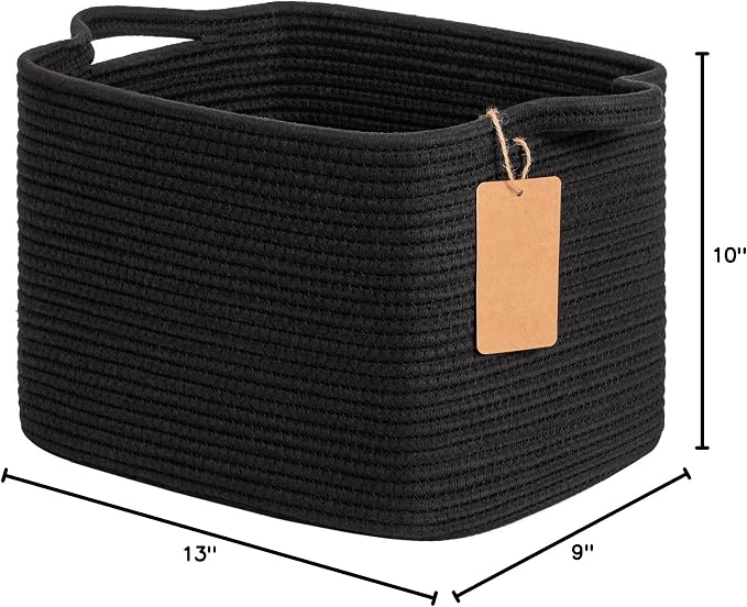 Goodpick Small Woven Storage Basket with Handles, Rectangle, Black | 13 × 10 × 9 in, Cotton Rope, Shelf Organization, Toys, Towels & Books Storage, Living Room & Bathroom Organization