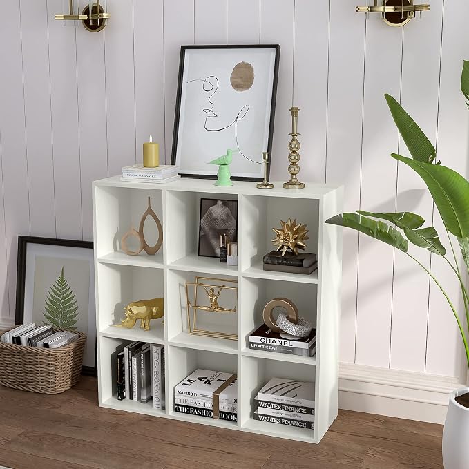 OSCHF 9-Cube Storage Shelf Bookcase, Warm White | Wooden 3-Tier Open Bookshelf, Fits 11×11" Bins, Vertical or Horizontal Use, Full Back Panels, For Home Office