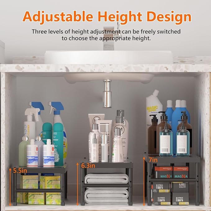2 Pack Expandable adjustable stackable kitchen cabinet organizer,spice rack | Counter Shelf for Cabinets,Small Cupboard Organizers,Heavy Duty Metal Pantry Storage Shelves Racks for kitchen,bathroom