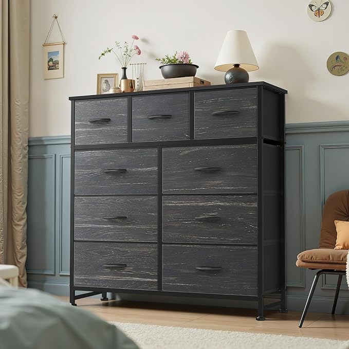 OLIXIS 9 Drawer Tall Dresser for Bedroom, Closet Organizers and Storage | Fabric Dresser with Wooden Top, Chest of Drawers for Clothes Storage, Tower Cabinet, Furniture, TV Stand, Black Wood Grain