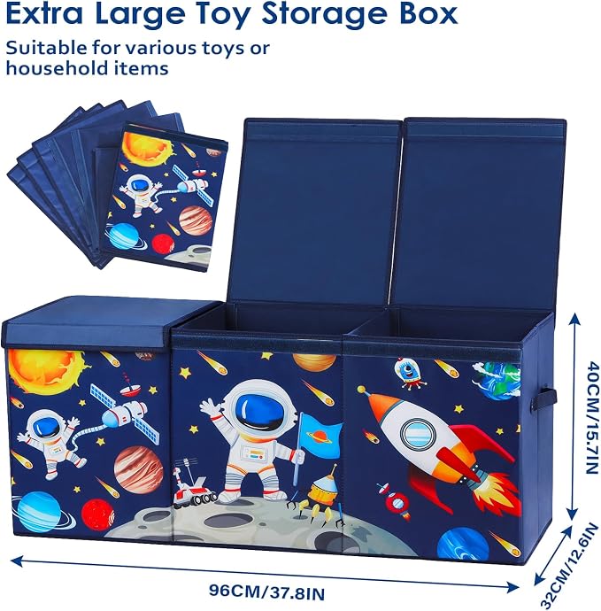 Large Toy Box Collapsible Chest Organizer with Flip Lid for Kids | Oxford Storage Box with Handle for Boy Girl Sturdy Waterproof Organizing Decor for Bedroom Playroom Nursery 37.7×12.5×15.7''