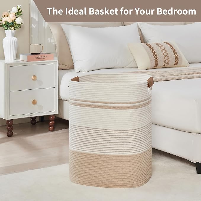 AINUOQI Laundry Basket with Handles - Blanket Basket & Hampers for Bedroom Aesthetic, Laundry Hamper & Blanket Storage for Living Room, Clothes Hamper, Tall, Large 17" x 14" x 22”, Off-white