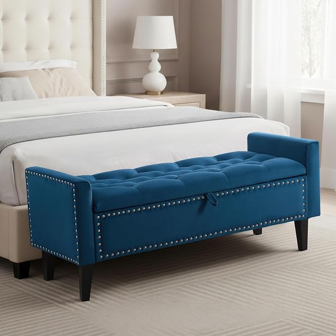 47in Velvet Storage Ottoman Bench with Arms, Upholstered Storage Bench with Wooden Legs, Storage Bench for Bedroom, Living Room, Entryway, Dark Blue