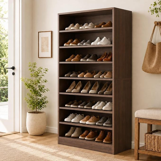 9-Tier Tall Shoe Rack Cabinet for Closet & Entryway, Walnut | Wooden Narrow Shoe Organizer Cabinet with Adjustable Shelves, Freestanding, for Bedroom, Hallway