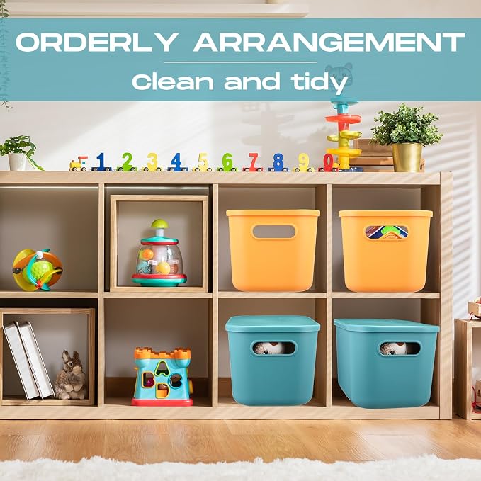 8 Pieces Colorful Storage Bins with Lid, Plastic Storage Basket Organizing Container Stackable Box with Handle for Shelves Desktop Playroom Office(10.2 x 7 x 6.3 Inch,Green and Yellow)