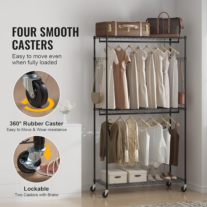 VEVOR Clothing Garment Rack, Heavy Duty Closet Wardrobe, Adjustable Tiers Clothes Racks with Steel Frame, for Bedroom, Clothing Store, Hallway