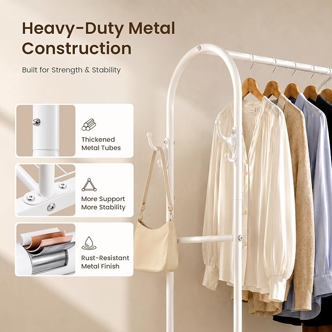 Cesun Heavy Duty Clothes Rack with 3-Tier Mesh Shelves & 8 Hooks, White | Space-Saving Design, Lockable Wheels, Easy Assembly, Stainless Steel, Small Garment Rack for Entrance/Bedroom/Living Room