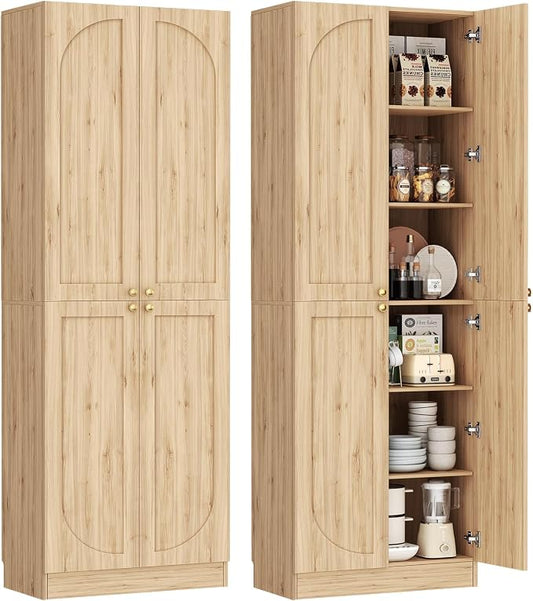 Cyclysio 80" Kitchen Pantry, Extra Tall Arch Storage Cabinet with 4 Soft Close Doors and Adjustable Shelves, Freestanding Wood Cupboard with Seamless Fit Wall for Dining Living Room Bathroom Furniture