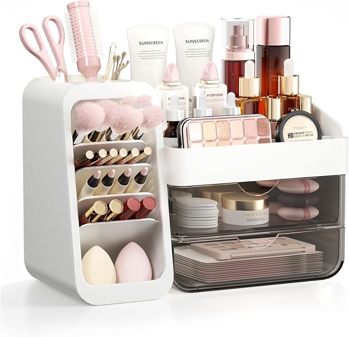 Makeup Organizer Countertop with DIY Adjustable Brush Holder for Vanity | Thickened Material, Large Bathroom Organizer Skincare Storage for Perfume, Lipstick, Nail Polish, Eyeshadow Palettes, White