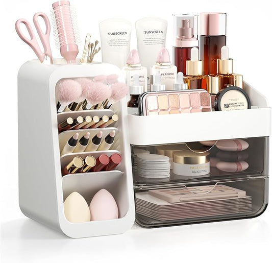 Makeup Organizer Countertop with DIY Adjustable Brush Holder for Vanity | Thickened Material, Large Bathroom Organizer Skincare Storage for Perfume, Lipstick, Nail Polish, Eyeshadow Palettes, White