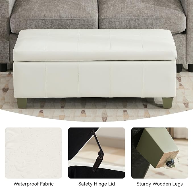 WUTUTUEE 41" Faux Leather Storage Ottoman, Stitch Tufted Rectangle Upholstered End of Bed Storage Bench, Entryway Large Couch Ottoman with Wooden Legs,White