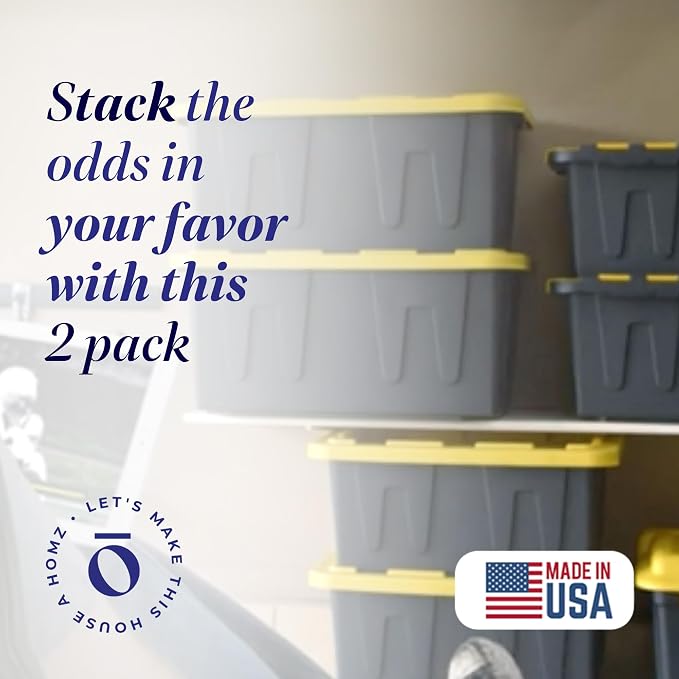 HOMZ Durabilt Plastic Storage Bins with Lids, 15 Gal, Black/Yellow, 2 Pack | Heavy-Duty Large Stackable Container Boxes for Home, Attic, and Garage Organization