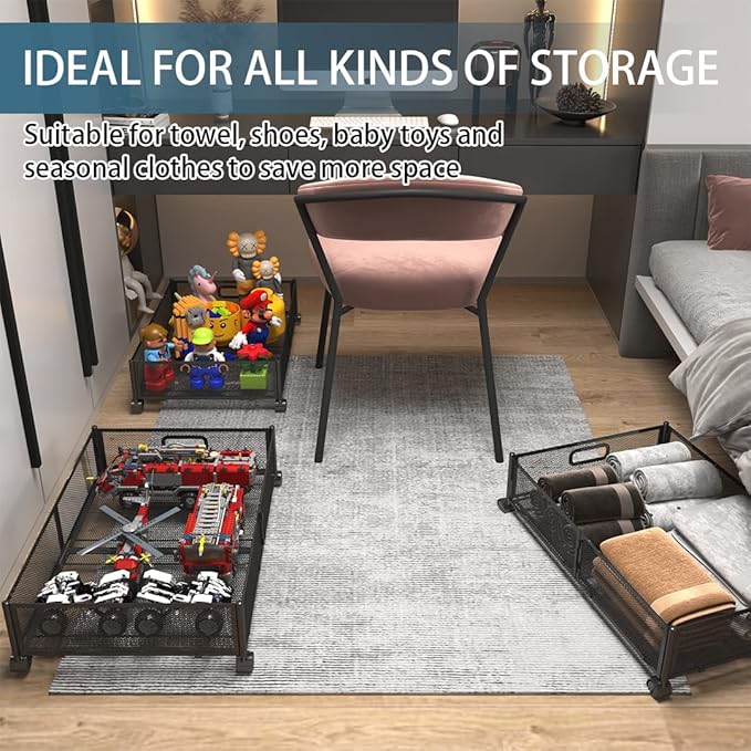 Foldable Bedroom Storage Organization with Handles - Under Bed Storage Containers with Wheels - Bins Drawer for Clothes, Blankets and Shoes