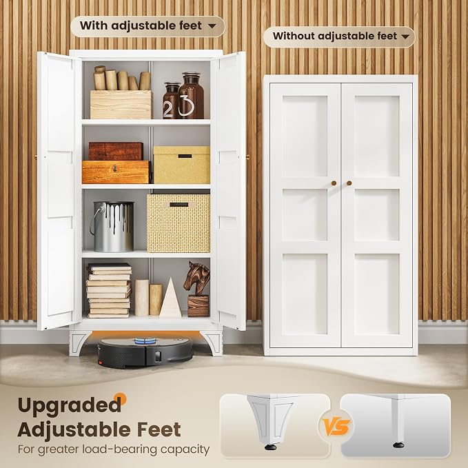 Yizosh Metal Storage Cabinet with Doors and 3 Adjustable Shelves - 47" White Kitchen Pantry Storage Cabinet Locker for Kitchen,Living Room,Dining Room