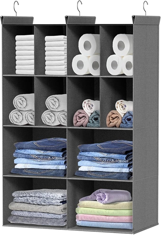 4 Tier Hanging Closet Organizer, 12 Compartments Dual Row Storage, Grey | Closet Organizers and Storage with Large & Small Cubbies, 3 Sturdy Hooks Support Heavy Loads, for Dorm, RV, Garment Rack