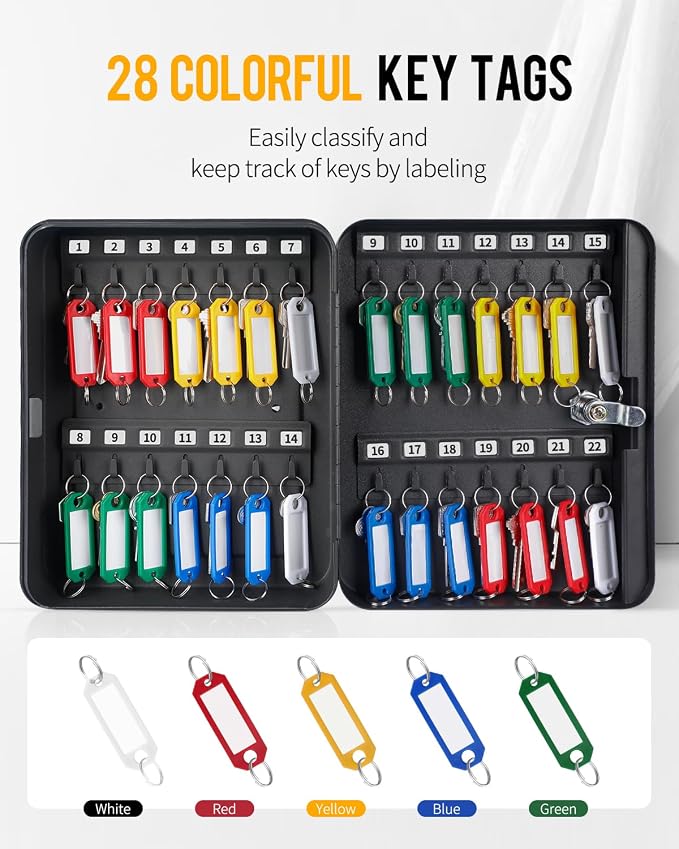 Uniclife Steel Key Cabinet Wall Mounted Organizer - 28 Keys, 2 Unlocking Keys - Black Frosted Security Box with Hooks and Color-Coded Labels
