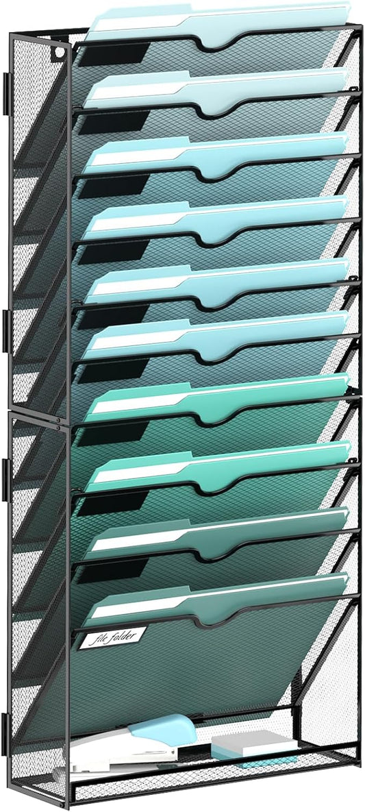 11-Tier Wall File Organizer, Hanging File Holder, Wall Mounted Mail Sorter | Metal Mesh Hanging File Organizer with Open Compartments and Label Panels for Papers and Folders at Home, Office or School