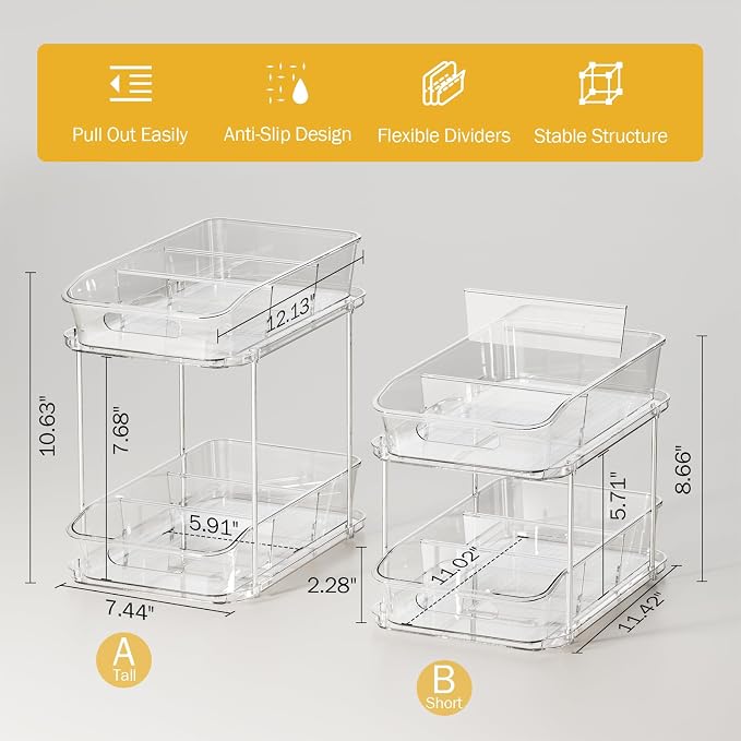 Delamu Bathroom Under Sink Organizers and Storage, 2 Pack, Clear | 2-Tier Multi-Purpose, Stackable, Pull Out Cabinet Kitchen Pantry Organization and Storage with Dividers