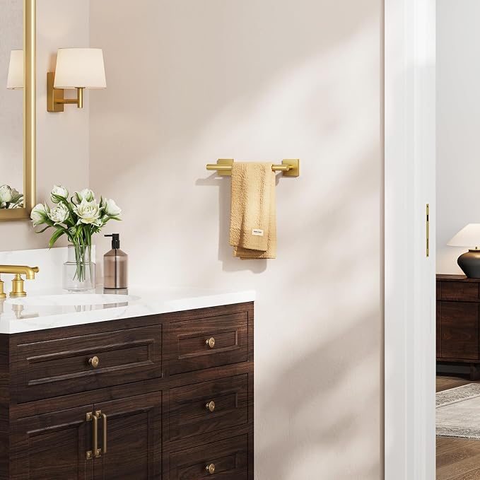 Brushed Gold Hand Towel Bar, 9 Inch Towel Racks for Bathroom | Thicken 304 Stainless Steel Towel Holder with Square Base, Towel Rod Wall Mounted, Modern Home Decor (Total Length 11 Inch)