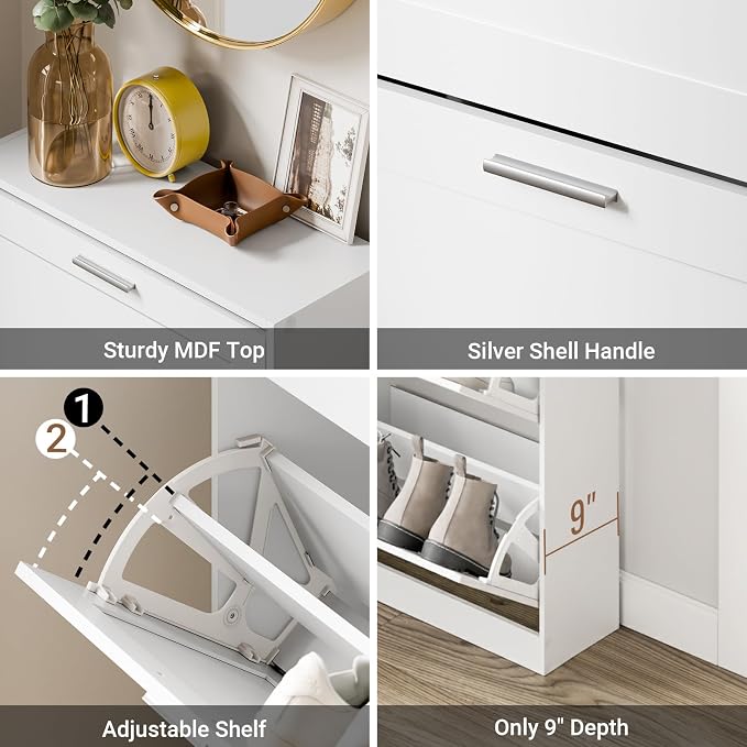 Haotian Shoe Cabinet Storage for Entryway | Narrow Shoe Cabinet with Three Flip Drawers to Save Space, Shoe Rack Cabinet for Entrance Hallway (White)
