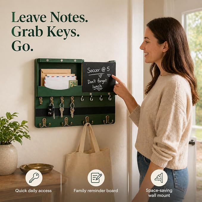 Key Holder for Wall Mount with Shelf and Mail Organizer, Key and Mail Holder with 16 Hooks, Farmhouse Entryway Organizer, Home Decor Rack (Pine Wood,Green)