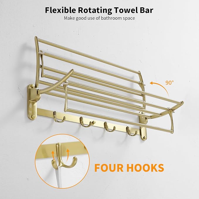 24 Inch Brushed Gold Towel Racks, Bathroom Towel Shelf with Foldable Towel Bar Holder and Towel Hooks, Wall Mounted Multifunctional Bathroom Accessories, Double Towel Bars