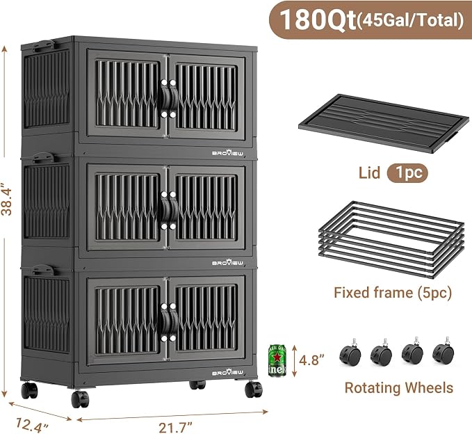 BROVIEW 180 Qt Stackable Storage Bins with Lid, Plastic Closet Organizers and Storage Drawer, Collapsible Storage Box with Wheels, Folding Storage Cabinet for Closet Clothes Organization, 3Pack Black