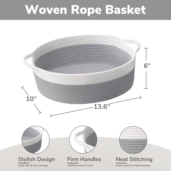 Goodpick Medium Woven Rope Gift Basket Empty, 13.6"x 10"x 6", Grey | Storage Basket with Handles for Baby Shower & Toys, Fits Living Room Bathroom Organizer, Versatile Dog Toy Storage Bin