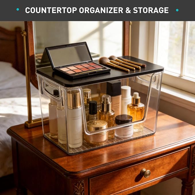 Heyuzb Pantry Organizers Storage, 2 Pack Large Clear Storage Bins with Bamboo Lids for Onion, Potato, Garlic, Canned Food, Organizer Bins for Under Sink, Kitchen, Countertop, Bathroom