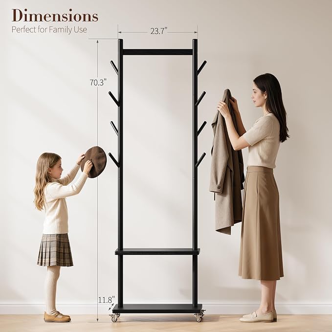 Yoobure Solid Wood Coat Rack Freestanding - Rolling Clothes Rack with 8 Hooks & Shelves, Small Clothing Rack with Wheels, Heavy Duty Clothing Racks for Hanging Clothes, Portable Hall Tree for Entryway