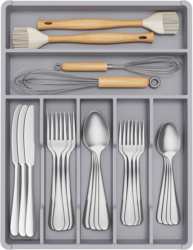 Lifewit Silverware Drawer Organizer Tray, Plastic Cutlery Storage for Kitchen, Flatware and Utensil Holder Divider for Spoons Forks Knives Tableware, 12.3 x 16", 7 Slots, Gray