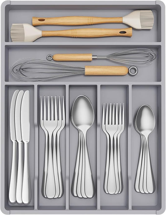 Lifewit Silverware Drawer Organizer Tray, Plastic Cutlery Storage for Kitchen, Flatware and Utensil Holder Divider for Spoons Forks Knives Tableware, 12.3 x 16", 7 Slots, Gray