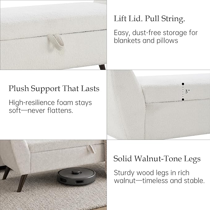 60" Storage Ottoman Bench, End of Bed Bench King Size Beige | Solid Wood Legs, Large Hidden Storage, High-Resilience Foam, Teddy Fabric